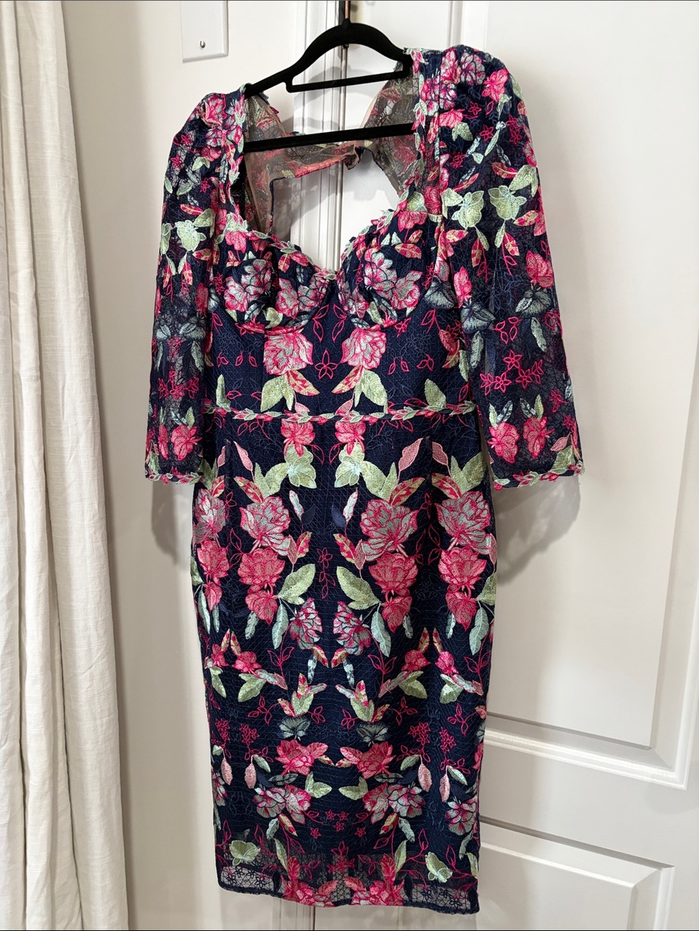 Marchesa Notte Floral Lace Midi Dress in Navy with Pink & Green Embroidery